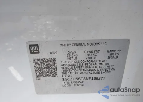 2022 Chevrolet Malibu Fwd Lt из США, поврежденный, VIN 1G1ZD5ST8NF166277